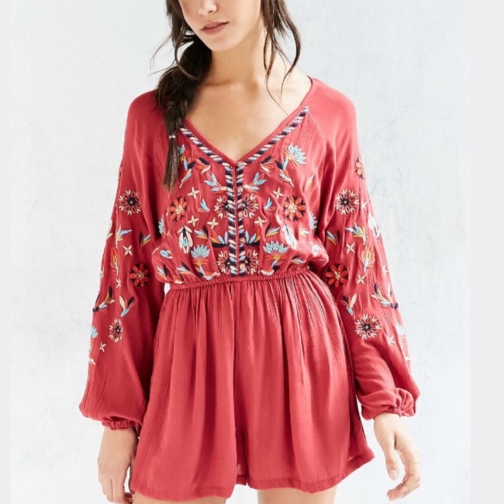 Urban Outfitters Coral Embroidered Romper